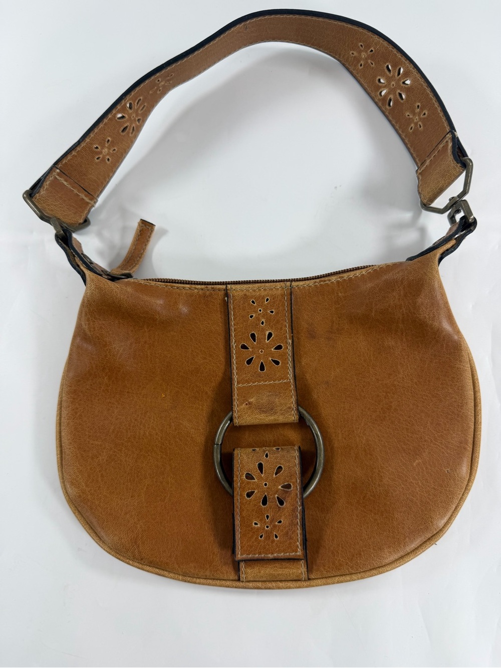 Fashion Express Cognac Brown Leather Hobo Bag Cutout Ring Detail